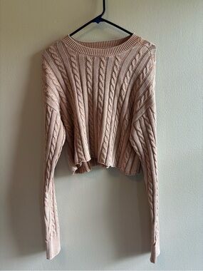 aerie Cable-Knit Cropped Crew Sweater - Tan Raw Hem